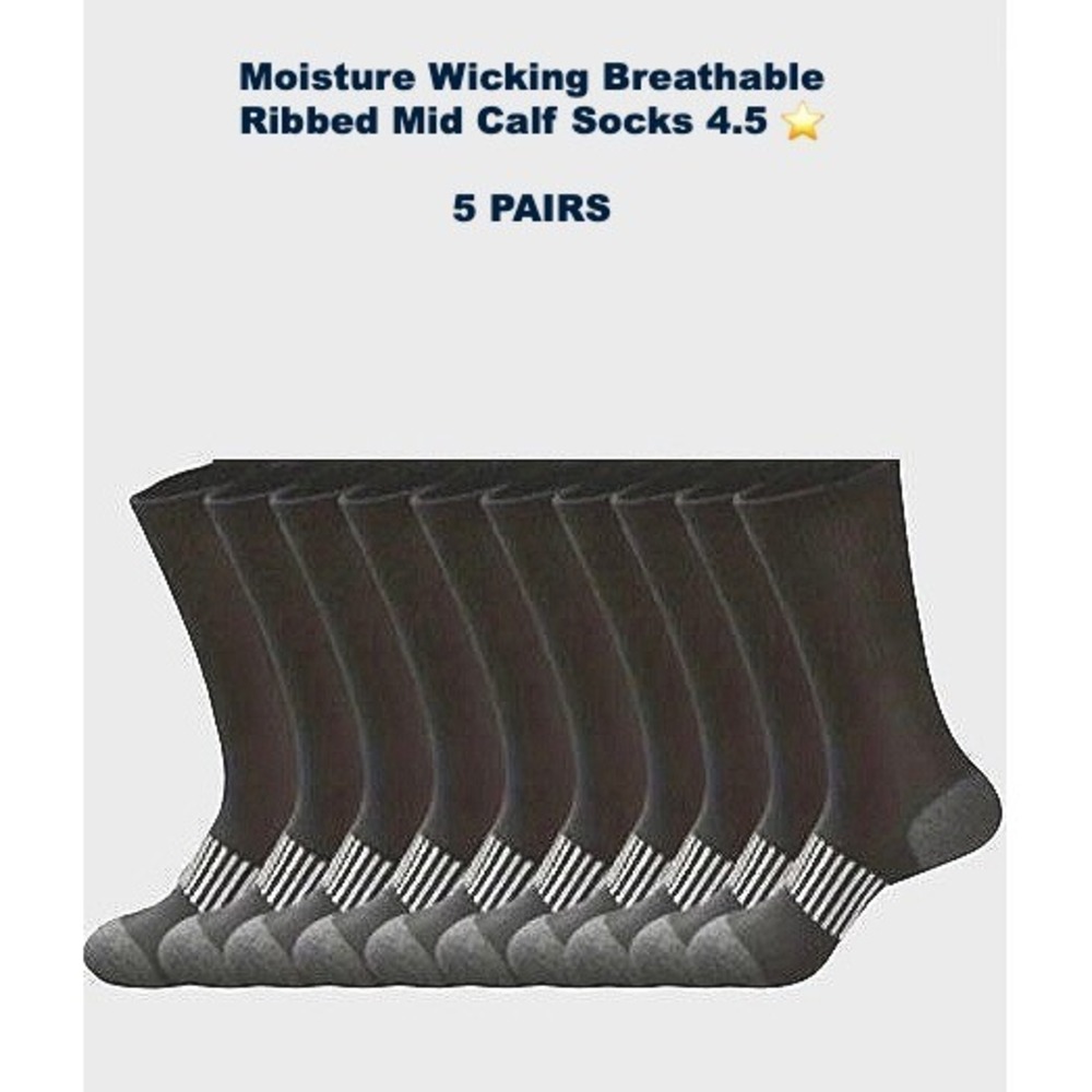 Breathable‎ Durable Ribbed Mid Calf Socks 5 Pairs Black Moisture Wicking OS NEW